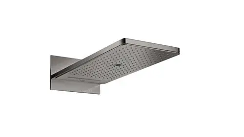 Kopfbrause in Polished Black Chrome mit rechteckigem Design und gleichmäßig verteilten Düsen, montiert an einer Wandhalterung, von der Marke AXOR.
